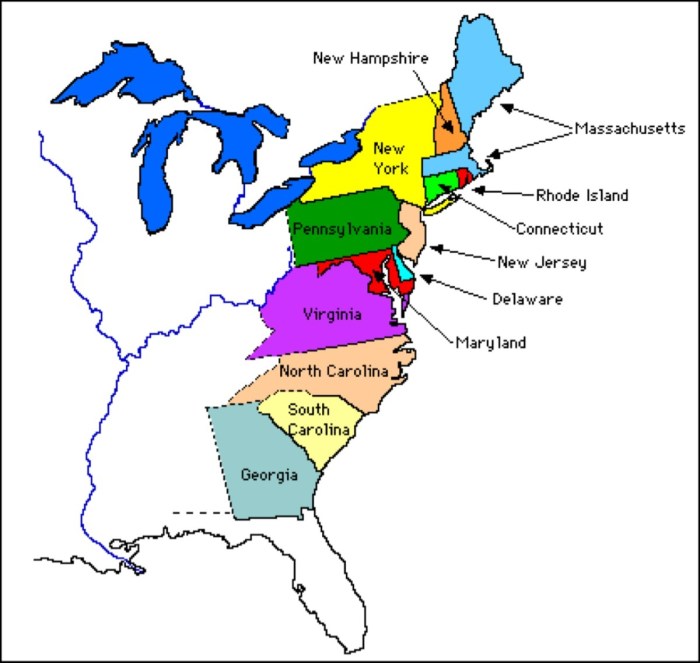 Map of thirteen colonies with rivers